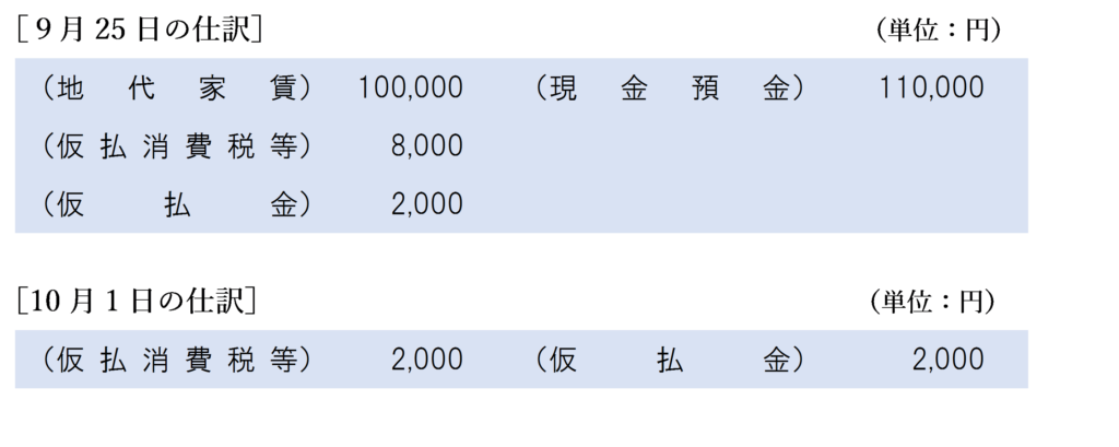 10月分の家賃を９月中に払う場合の仕訳（原則的方法、税抜経理）