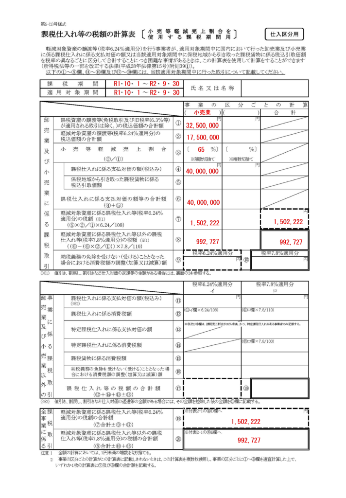 小売等軽減売上割合を適用した場合の付表の書き方