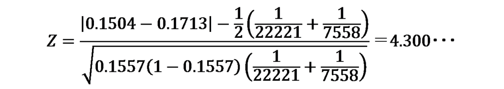 検定統計量Ｚに代入した場合