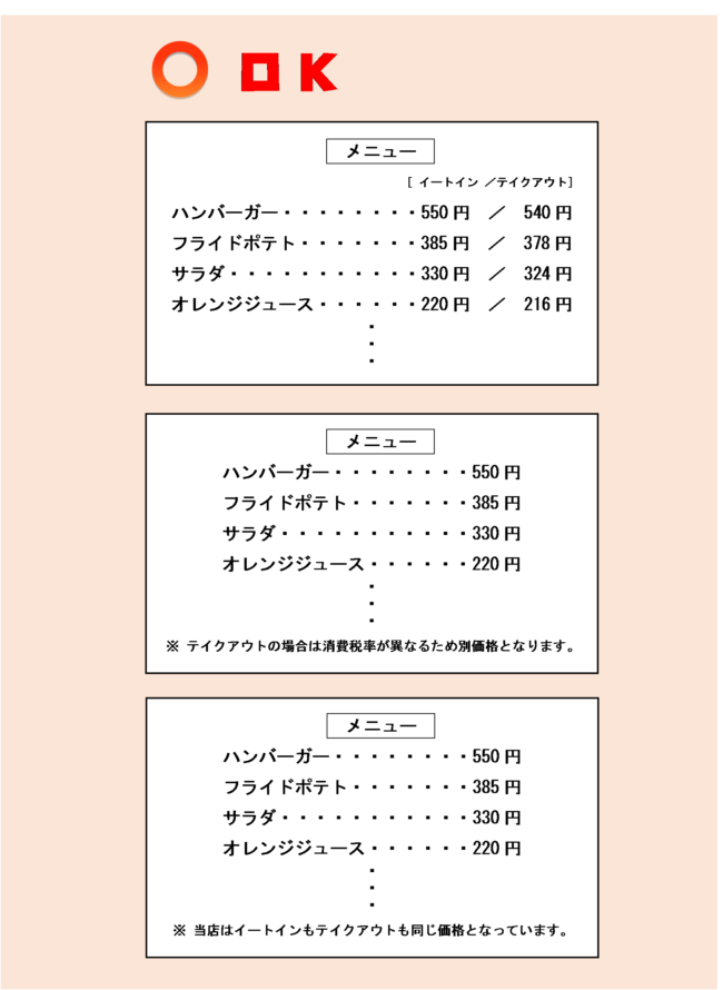 テイクアウトの場合の価格表示例