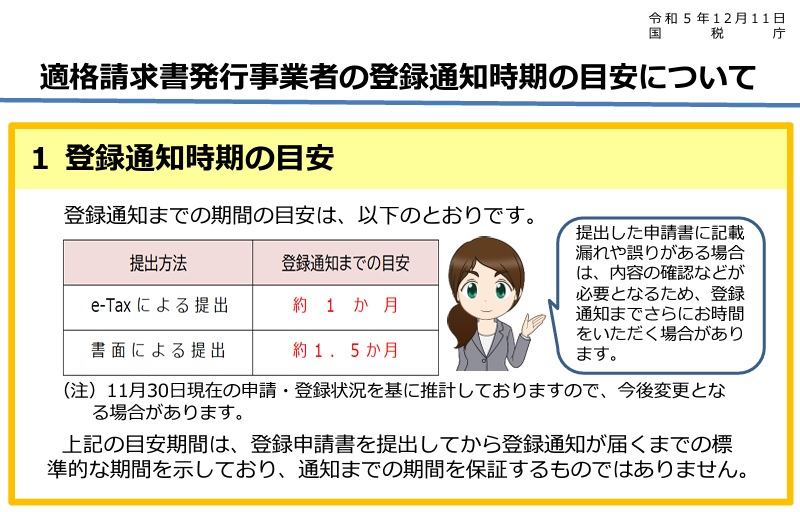 適格請求書発行事業者の登録通知時期の目安について
